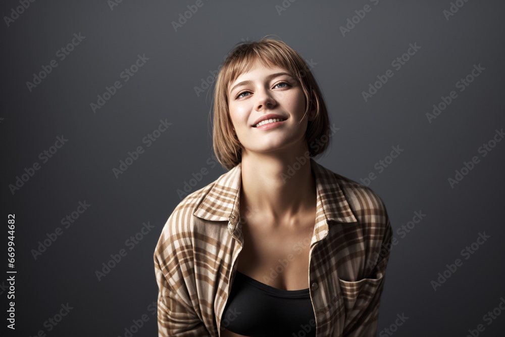 Beautiful woman portrait in in a plaid shirt and jeans on dark background Beautiful woman portrait in in a plaid shirt and jeans on dark background