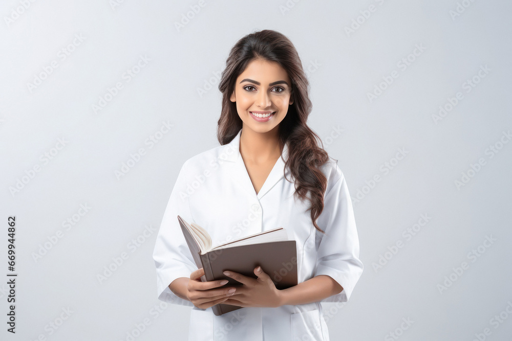 young indian doctor woman holding book young indian doctor woman holding book