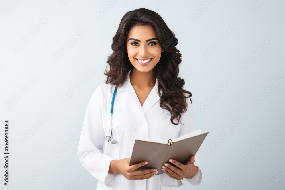 young indian doctor woman holding book young indian doctor woman holding book