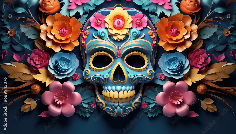 Skull with flowers during the Day of the Dead in Mexico