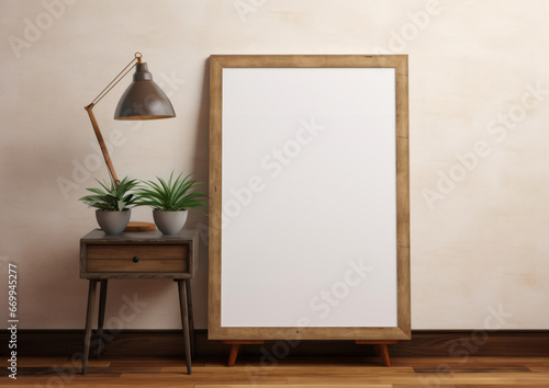 Wall art empty picture frame mockup on wooden desk, wall, table. Vase with olive branches, cactus. Elegant working space, home office concept.