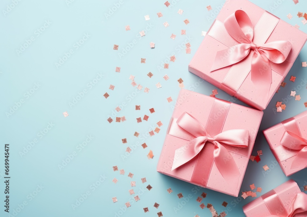 Top view concept photo of woman's day composition gift boxes with bows ribbon flowers on isolated pastel background with copyspace for text Top view concept photo of woman's day composition gift boxes with bows ribbon flowers on isolated pastel background with copyspace for text