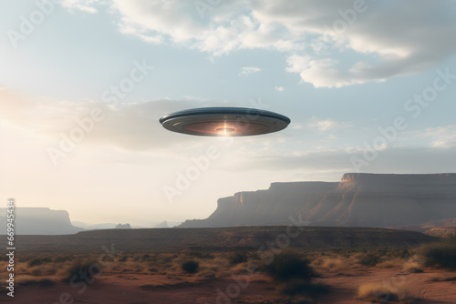 Extraterrestrial Encounter. UFO Hovering Over a Remote Landscape