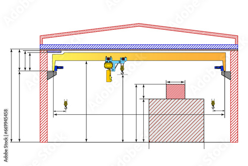 Overhead crane sketch with dimensions. Dimensional drawing. 