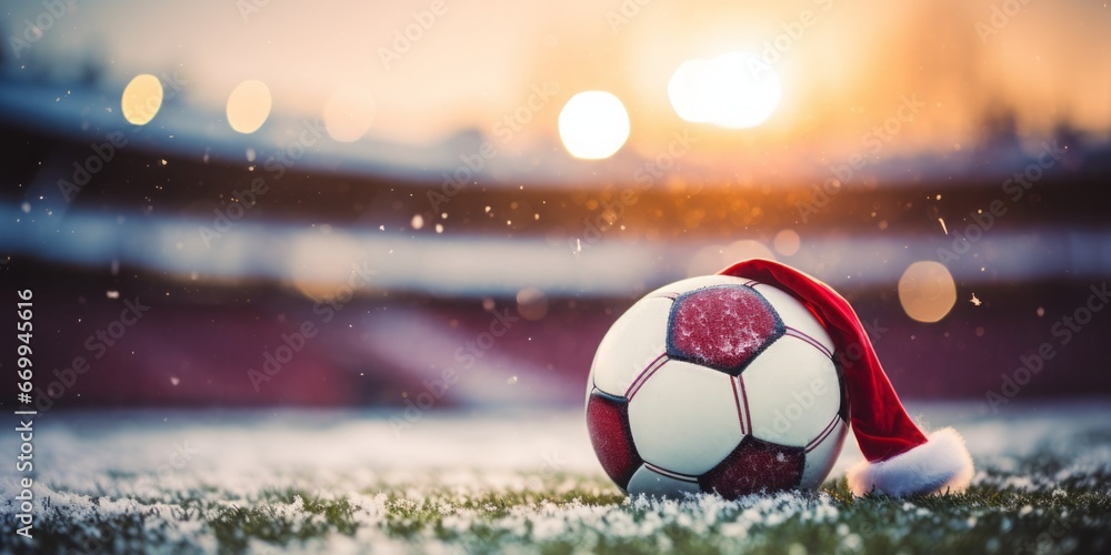 Close up of soccer ball with santa hat in sports stadium. A sanny day at the football stadium. - obrazy, fototapety, plakaty 