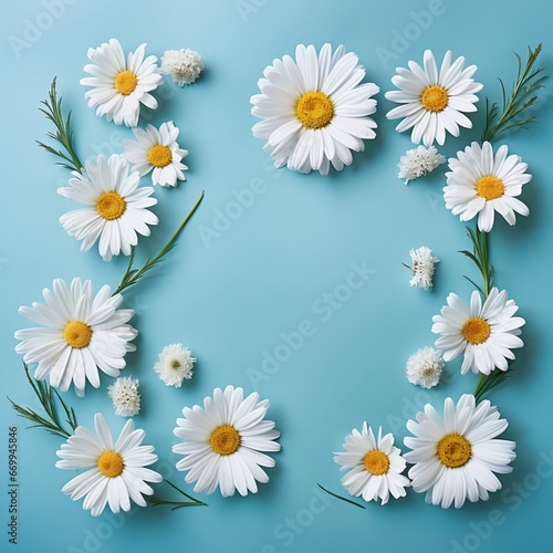 fresh daisies on pastel blue background with copy space. Romantic delicate concept for Mother's Day or Valentine or birthday card. Generative AI © Miss V