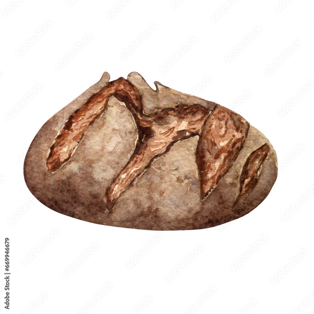 Obraz premium Rye bread whole watercolor illustration isolated on white background. Hand drawn rustic bread for bakery. Painted bread side view. Element for design signage, bakeshop, wrapping paper, packaging