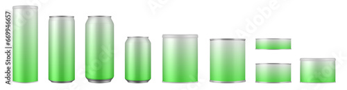 Set of green and white tin cans and jars. Coffee or tea canister. Tin can for preserves or pet food. Beer, cocktail or soda can. Chips tube. Cookie jar. Round box for sugar or flour. Gradient colors