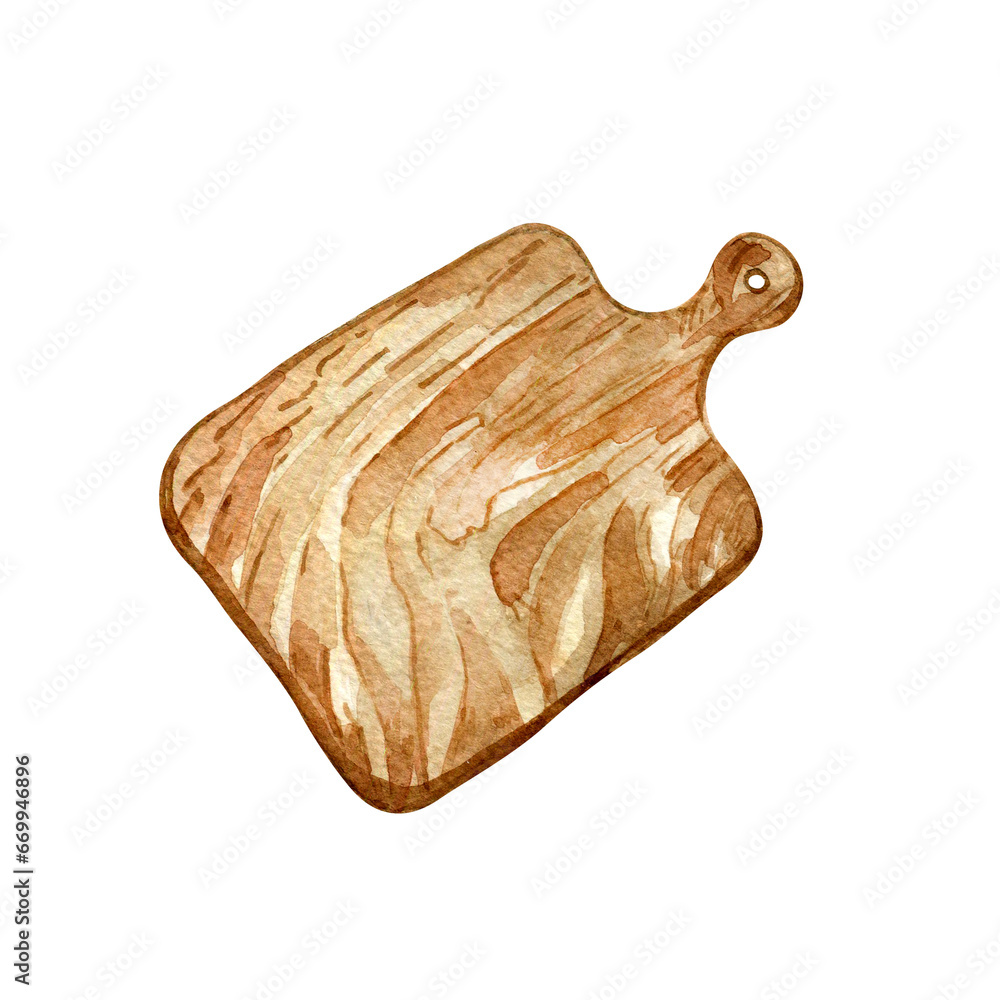 Wooden cutting board watercolor illustration isolated on white background. Kitchen cutting plank hand drawn. Design element for menu, market, ingredients of dishes, label, package Wooden cutting board watercolor illustration isolated on white background. Kitchen cutting plank hand drawn. Design element for menu, market, ingredients of dishes, label, package