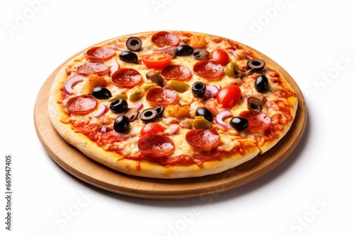Pepperoni and sausage pizza with olives on a white background. Generative AI