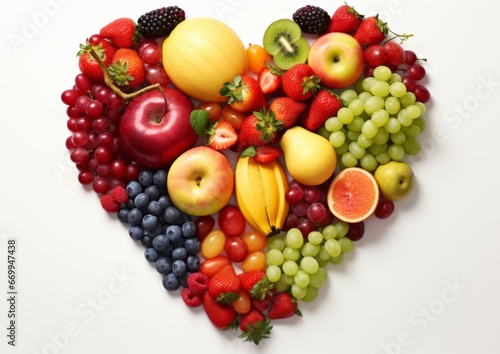 Fruits heart symbol. Fruits concept design. Food photography of heart shape made from different fruits isolated white background.