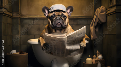 Dog on toilet holding newspaper, looking relaxed photo