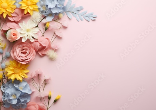 Beautiful spring flowers on paper background. For example banner for 8 march, Happy Easter with place for text. Springtime concept. Top view. Flat lay photo