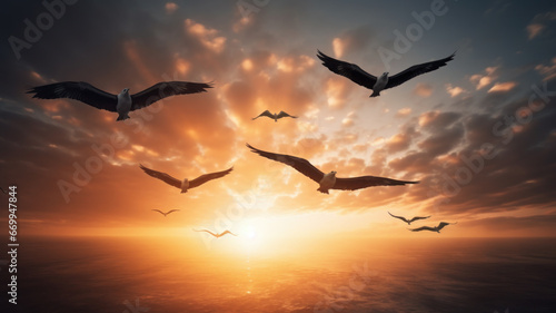 flock of seagull birds over the sea at sunset © mimadeo