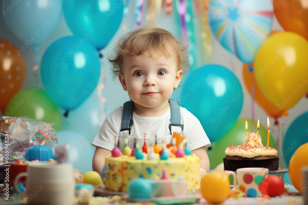 Cute little boy celebrating birthday with sweet cake Cute little boy celebrating birthday with sweet cake