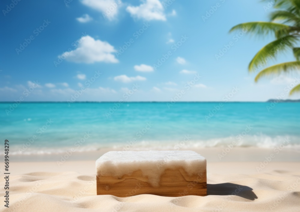 Summer sand and tropical sea background with abstract stone podium for display product mockup Summer sand and tropical sea background with abstract stone podium for display product mockup