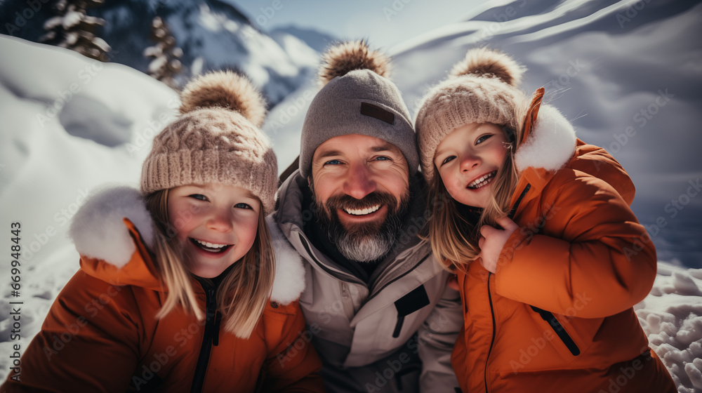 a Father with kids having fun in snowy mountains a Father with kids having fun in snowy mountains
