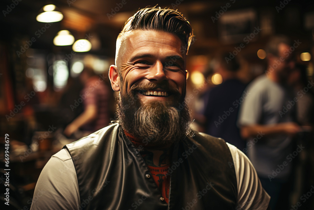 Fototapeta premium Hairdressing salon barbershop for men's beard care, beautiful stylish hipster haircut. AI generated.