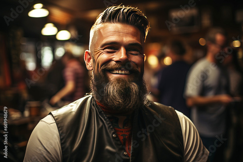 Hairdressing salon barbershop for men's beard care, beautiful stylish hipster haircut. AI generated. photo