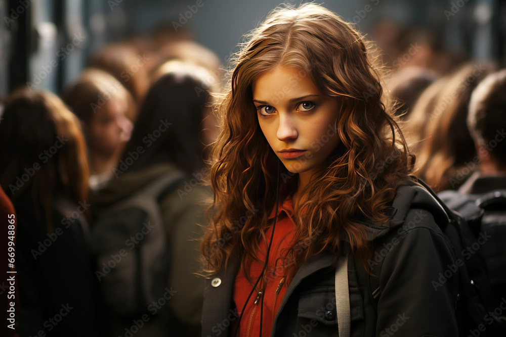 School bullying of a child by hooligans. Sad depressed child victim close-up. AI generated. School bullying of a child by hooligans. Sad depressed child victim close-up. AI generated.