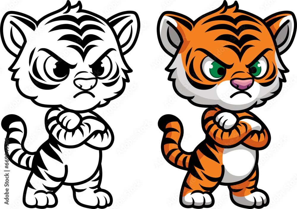 cartoon little angry tiger cub, vector drawing cartoon little angry tiger cub, vector drawing