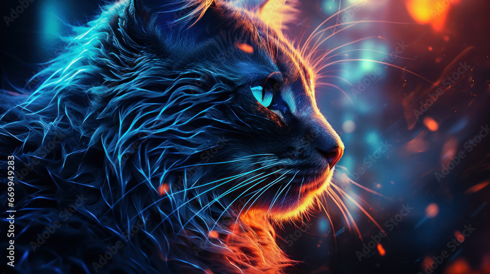 Surreal close-up of a long-haired black cat with blue eyes amidst swirling neon lights - obrazy, fototapety, plakaty 