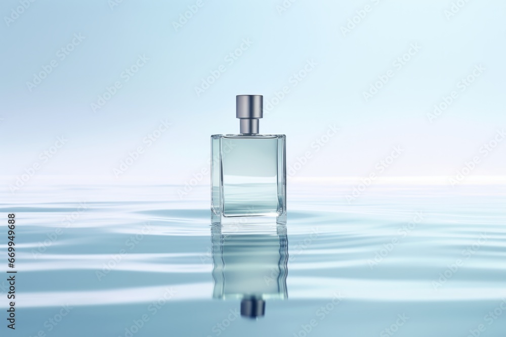 Perfume or cosmetic glass bottle on calm water background - obrazy, fototapety, plakaty 