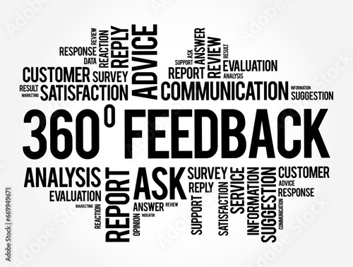 360 degree Feedback - processes that are easy to set up and easy to complete, word cloud concept background