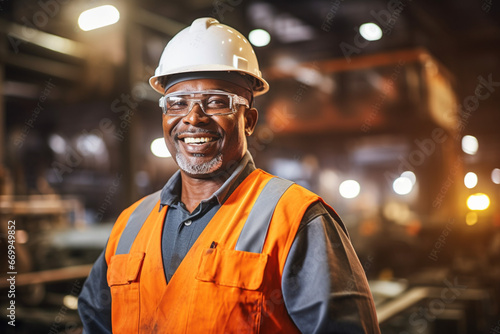 Happy Professional Heavy Industry Engineer or Worker Wearing Uniform, Glasses and Hard Hat in a Steel Factory, Smiling African American Industrial Specialist Standing