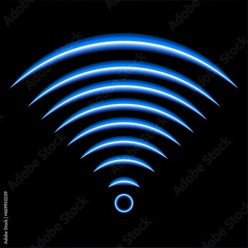 Wi-Fi light effect, blue glowing signal sensor waves internet wireless connection. Wireless technology digital radar or sonar with glowing light effect. Vector