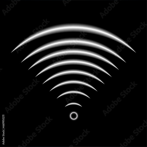 Wi-Fi light effect, white glowing signal sensor waves internet wireless connection. Wireless technology digital radar or sonar with glowing light effect. Vector