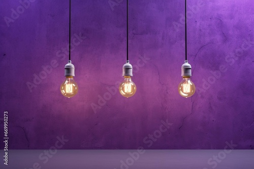 Three light bulbs suspended from a purple wall adjacent to another purple wall adorned with two white bulbs. Generative AI