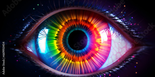 Close up view of female eye with multicolored eyeball and colorful makeup powder, GENERATIVE AI 