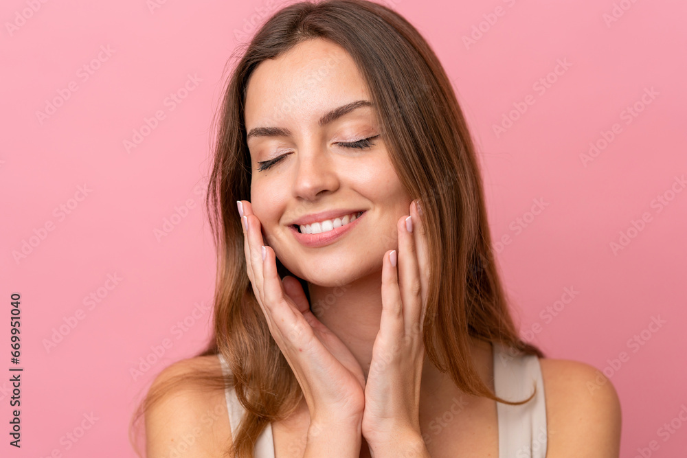 Portrait caucasian woman isolated on pink background . Portrait Portrait caucasian woman isolated on pink background . Portrait