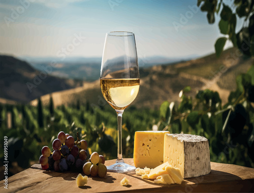 Illustration wine in a glass with cheese close up on a blurred vineyard background with copy space