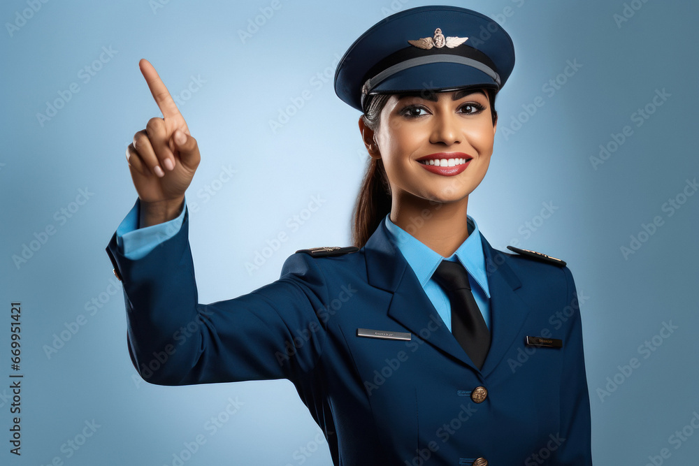 Young Indian pilot woman pointing above side Young Indian pilot woman pointing above side