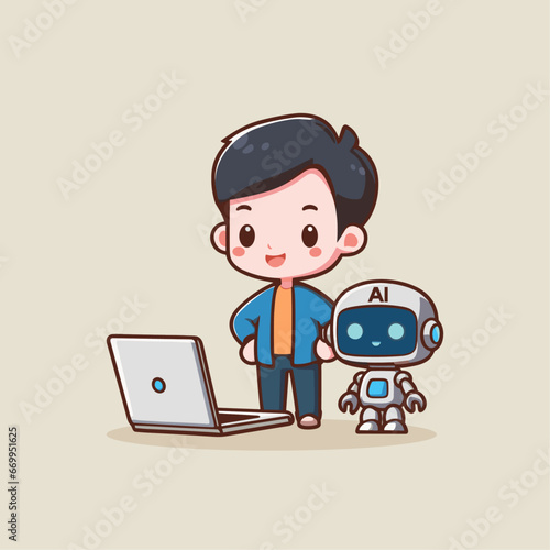 Boy uses a laptop computer with artificial intelligence and machine learning to make a robot vector illustration education concept