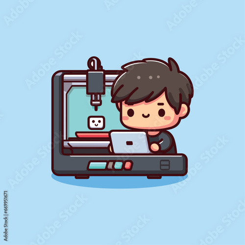 Man operating 3d printer machine using a laptop computer vector illustration logo concept icon
