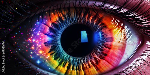 Great big colorfull iris eye Macro shot, Close up view of female eye with multicolored eyeball and colorful makeup powder, generative AI