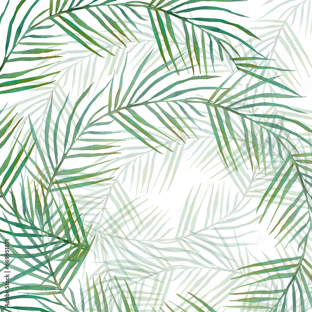Tropical green background. Summer background with green branches. Elements of floral design. Perfect for wedding invitations, greeting cards, blogs, posters and more