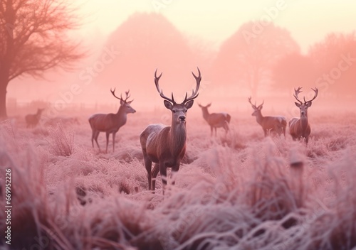 A herd of majestic deer stands against the background of frost-covered trees in the rays of the dawn sun. Winter landscape, wallpaper. © alisluch