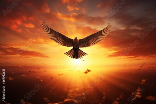 Freedom. Bird breaks free, soars. Sunset backdrop. Generative AI © Ulyssa