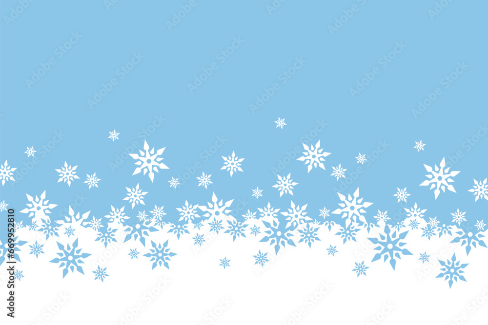 Horizontal banner with white and blue Christmas symbols. Christmas snowflakes. Winter background with place for text.
