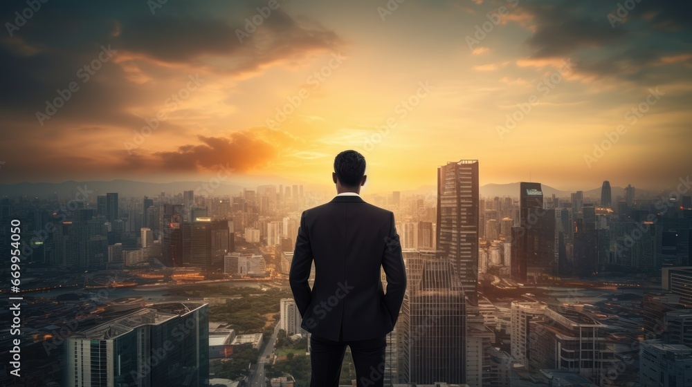 Back of a businessman in uniform against the background of a big city during a beautiful sunset, businessman and city, concept work goals Back of a businessman in uniform against the background of a big city during a beautiful sunset, businessman and city, concept work goals