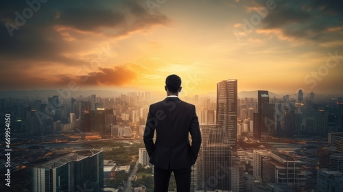 Back of a businessman in uniform against the background of a big city during a beautiful sunset, businessman and city, concept work goals