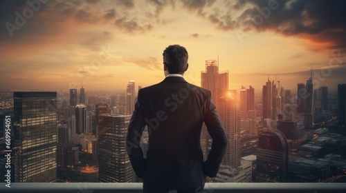 Businessman concept, behind a young businessman with city during sunset, target concept