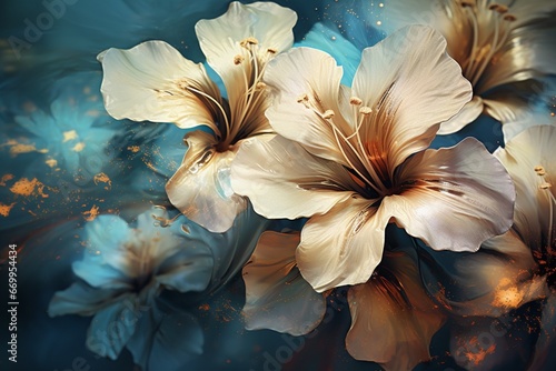 Lily flowers with blue watercolor splash vintage floral background