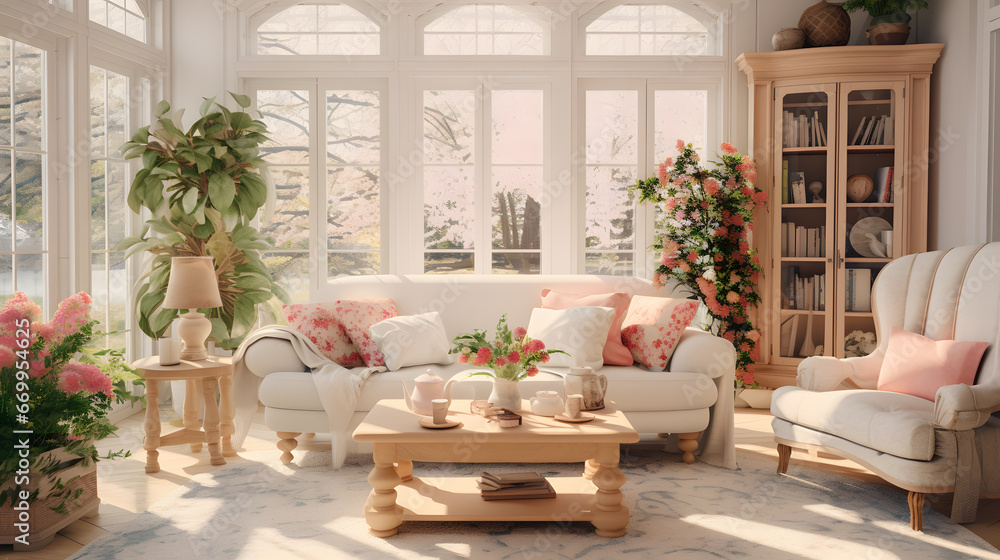 A tranquil ambiance of a living room adorned with fresh flowers, exuding a cozy atmosphere bathed in soft, natural light. With a focus on warmth and comfort, this space invites relaxation 