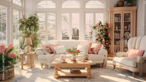 A tranquil ambiance of a living room adorned with fresh flowers  exuding a cozy atmosphere bathed in soft  natural light. With a focus on warmth and comfort  this space invites relaxation 