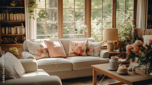 A tranquil ambiance of a living room adorned with fresh flowers, exuding a cozy atmosphere bathed in soft, natural light. With a focus on warmth and comfort, this space invites relaxation 